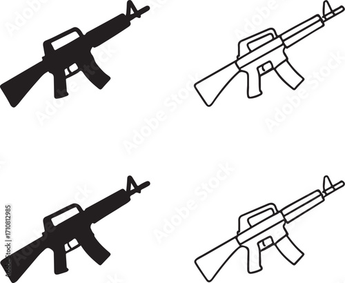 Assault rifle icons, four military weapon rifle icons, black silhouette, outline, filled, thin stroke, minimal vector, editable isolated design, firearm and defense gun symbols