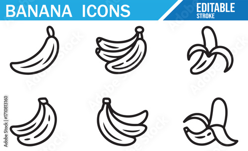 Line art banana icon collection with peeled bananas, sliced fruit, tropical bunches, and organic food