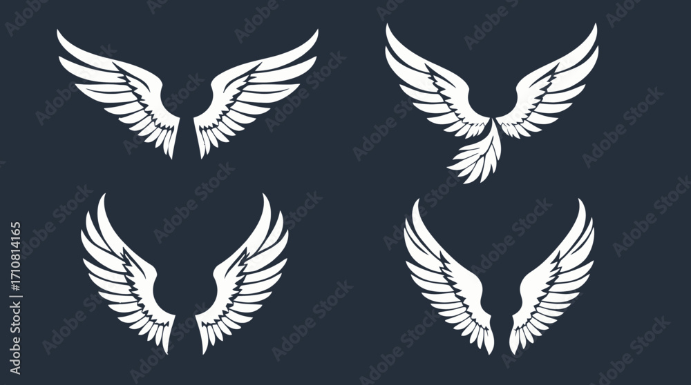 Obraz premium Four stylized white bird wings, set against a dark background, showcasing various wing positions and details.