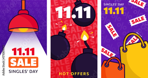 Sets of 11.11 Singles’ Day vertical banners with shopping bags, sale tickets, cartoon discount bombs and lamp with spotlight. Flat promo poster design for online shopping, mega sale, special offer