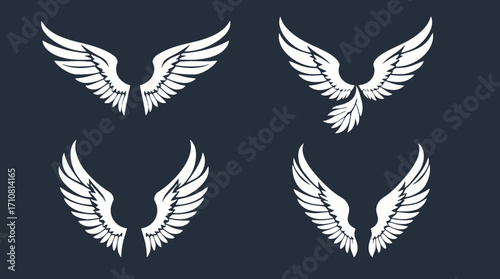 Four stylized white bird wings, set against a dark background, showcasing various wing positions and details.