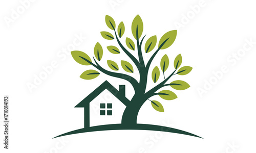 Eco-friendly house symbol with green tree organic growth and nature house emblem