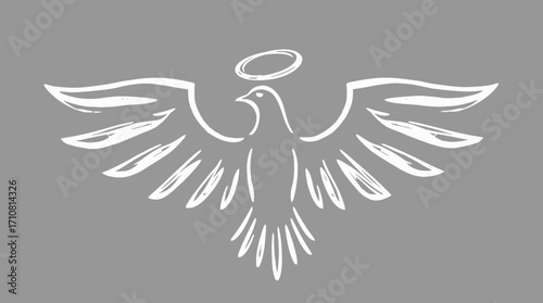 A stylized white dove with wings outstretched, halo, and outlined design on a gray background.