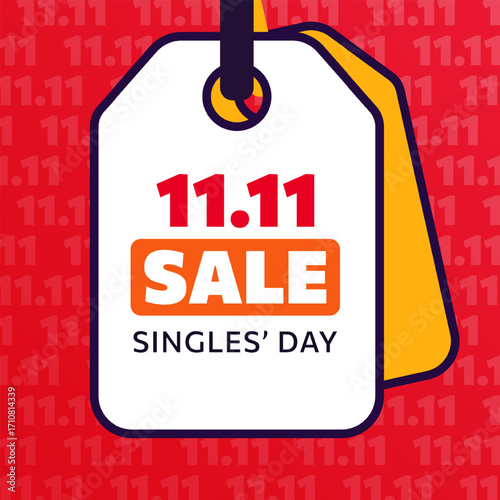 11.11. Singles Day square banner with flat illustration -sale price tag. Poster, brochure with label for website headers, promotional materials, and print ads during the global shopping festival.