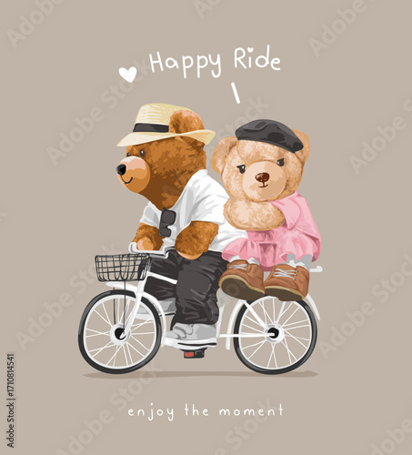 bear doll couple riding bicycle vector illustration - created by hand drawn