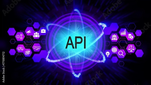 Digital A P I concept with glowing atomic structure and business icons application programming interface