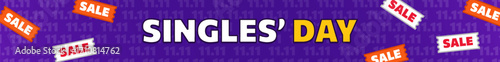Wide panoramic banner for Singles' Day shopping event with multiple sale tags on a purple background. 11.11 Header with sale tickets or discount coupons for online store promotions, social media ads