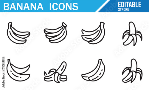 Minimal editable stroke icons of banana fruit for healthy diet, nutrition, snack, and grocery concepts