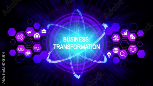 Glowing blue atom nucleus with business transformation text and purple hexagonal network of icons image