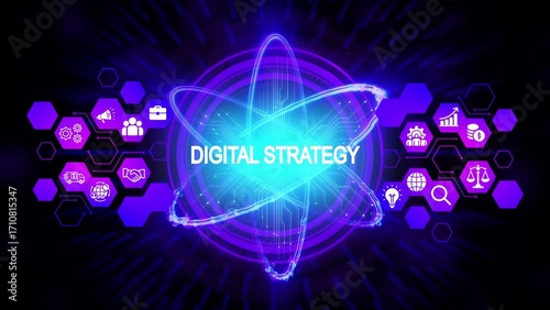 Digital strategy concept with glowing atom nucleus and orbiting icons on dark background technology business