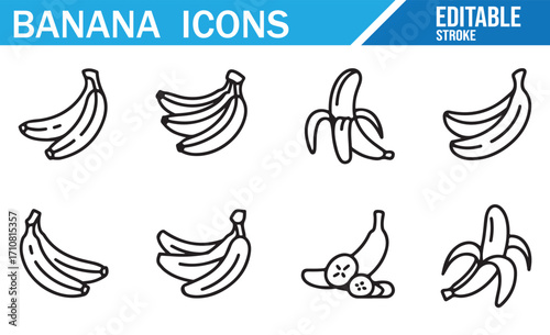 Editable line style banana icons set including peeled banana, sliced fruit, bunch, and tropical food symbols