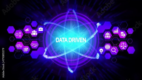 Glowing atom with data driven text and business icons in purple hexagons nucleus electrons