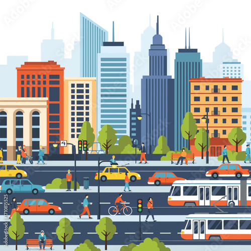 Urban City Life and Traffic Vector Illustration