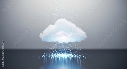 Abstract digital cloud computing concept with luminous data particles flowing from a white cloud onto a reflective surface in a virtual space.