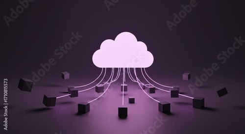 Cloud computing concept with data flowing to connected server nodes against a dark background