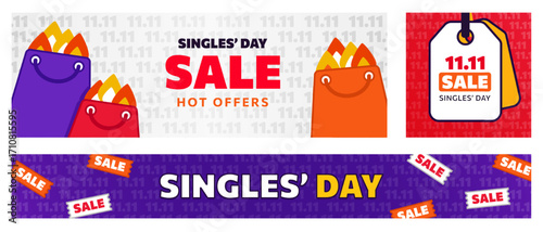 Set of 11.11 promo banners with cartoon shopping bags in flames, sale coupons, tickets and price tag with Singles Day special offer text. Vivid posters with flat vector design for marketplaces ads