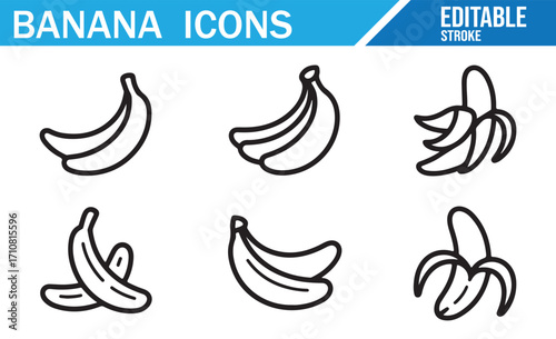 Editable line style banana icons collection, peeled banana, bunch of bananas, tropical fruit, sliced banana, organic food, healthy snack, and nutrition symbols for diet, kitchen, grocery, and agricult