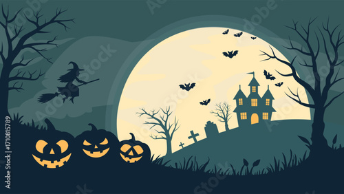 Halloween night with a spooky house, bats and witch. Halloween background vector illustration in flat style. 