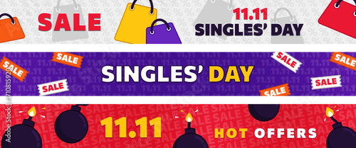 Set of panoramic banners for 11.11 Singles' Day with cartoon shopping bags, explosive discount bombs, sale coupons, tickets in flat vector style. Online shopping Headers, billboards with special offer