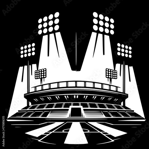 Stadium Under the Spotlight: A striking stadium with bright spotlights, ready for the next event, evokes anticipation and excitement, ideal for sports enthusiasts and event planners.