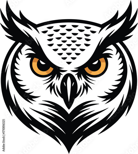 Majestic Owl Vector Illustration with Piercing Gaze Detailed Black and White Design Featuring Striking Yellow Eyes Perfect for Logos and Creative Projects Symbolizing Wisdom and Intuition
