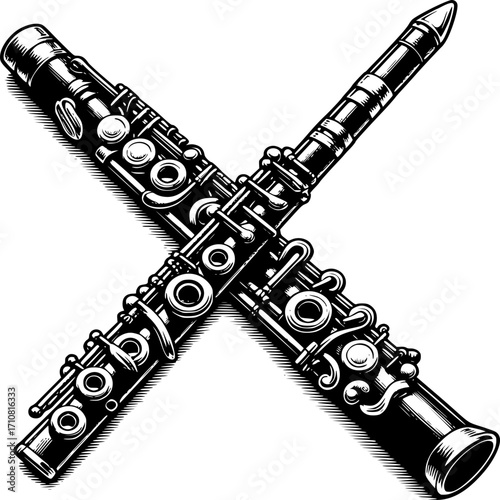 Musical Duet: Depicting the graceful and symbolic crossing of clarinets, a timeless emblem of musical harmony and melodic expression, the image highlights the instrument's intricate beauty.