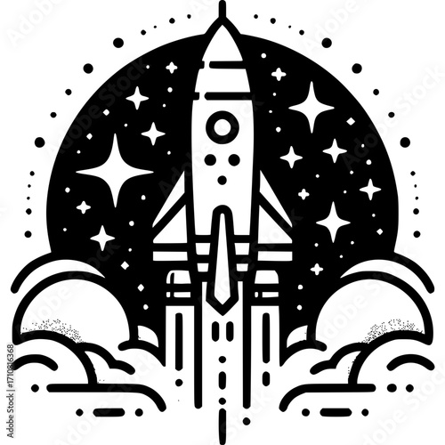 Rocket Launch into Space: A stylized rocket ascends into the starry expanse, leaving trails of fire and smoke as it embarks on a journey of discovery and exploration.