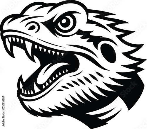 Black and White Vector Illustration of a Fearsome Dragon Head with Open Mouth Displaying Sharp Teeth A Powerful and Intimidating Design Suitable for Logos Mascots and Graphic Elements