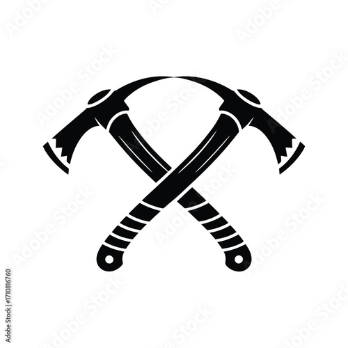Two crossed black pickaxes symbol on white background