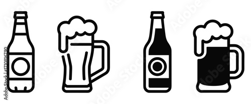 Black and white icons of beer bottles and frothy beer mugs on a white background symbol