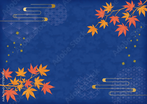 オレンジ、赤の紅葉と和柄の背景夜_横