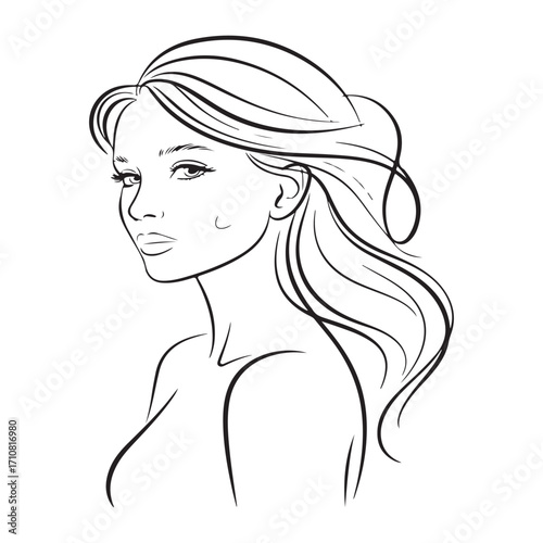 A stylish, sophisticated line art drawing of a beautiful woman.