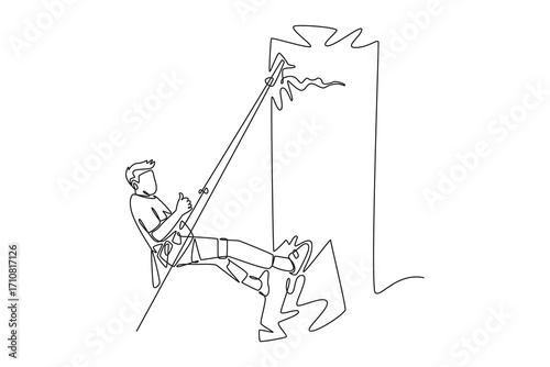 Single one line drawing male climber rappelling down a cliff. Technical skills, courage, and feeling of accomplishment after reaching the top. Continuous line draw design graphic vector illustration