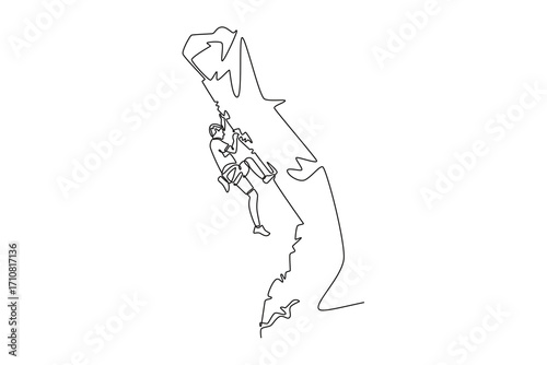 Single one line drawing active man climbing a rocky cliff, symbolizing adventure, strength, determination, and the thrill of the ascent. Modern continuous line draw design graphic vector illustration