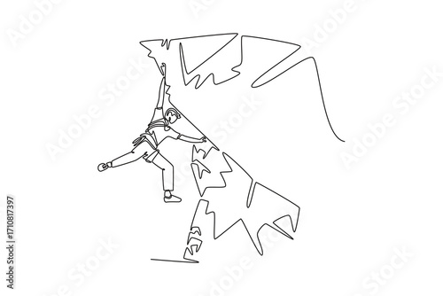Continuous one line drawing brave man climbing a steep cliff, symbolizing adventure, strength, determination, and the thrill of a difficult ascent. Single line draw design vector graphic illustration