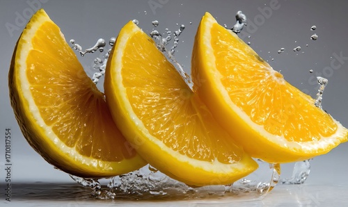 Vibrant Orange Slices Splashing into Crystal Clear Water, Emphasizing Freshness and Juiciness