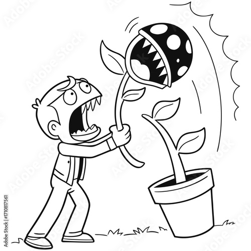 Vector cartoon stick figure drawing conceptual illustration of scared or frightened man holding dangerous carnivorous plant with mouth and teeth in flower pot..