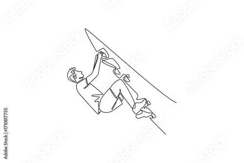 Single continuous line drawing young man climbing steep cliff, symbolizing adventure, strength, determination, and thrill of difficult ascent. Dynamic one line draw graphic design vector illustration