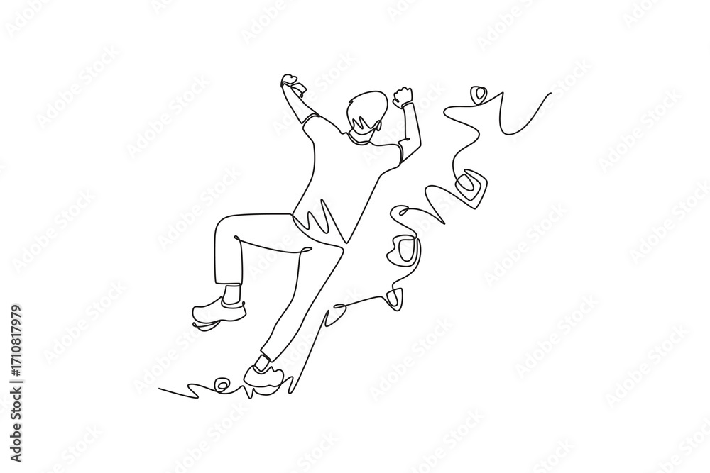 Obraz premium Continuous one line drawing young man climbing a steep overhanging cliff, symbolizing extreme adventure, strength, determination, thrill of ascent. Single line draw design vector graphic illustration