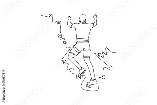 Single one line drawing back view of man climbing a cliff, representing physical power and focused effort required to conquer rock wall. Modern continuous line draw design graphic vector illustration