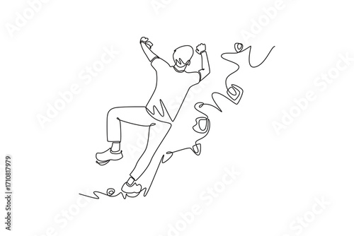 Continuous one line drawing young man climbing a steep overhanging cliff, symbolizing extreme adventure, strength, determination, thrill of ascent. Single line draw design vector graphic illustration