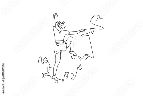 Single continuous line drawing back view of female climbing a cliff in challenging pose, representing courage required to conquer a rock wall. Dynamic one line draw graphic design vector illustration
