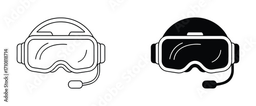 a virtual reality headset with microphone VR headset Black and white outline and solid silhouette icons