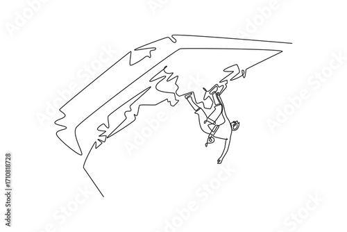 Single continuous line drawing man climbing overhanging cliff in challenging, inverted pose. Concentration and courage required to conquer a rock wall. One line draw graphic design vector illustration