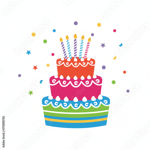A colorful three-tier birthday cake with candles on top, surrounded by confetti and stars on a white background.