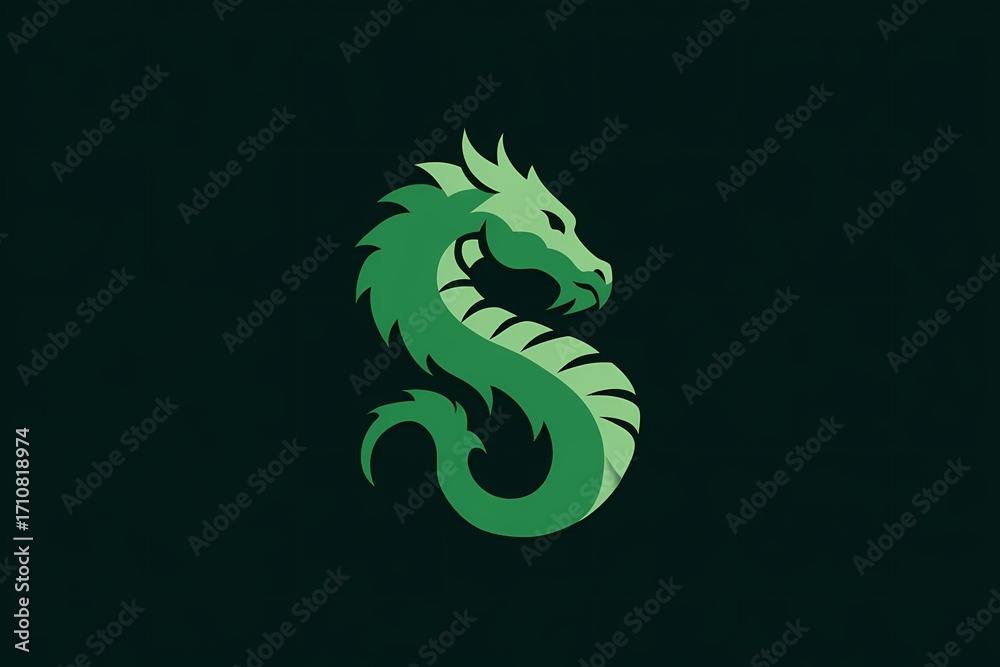 Fototapeta premium Vibrant green dragon artwork on a solid black background, high-contrast minimalist style