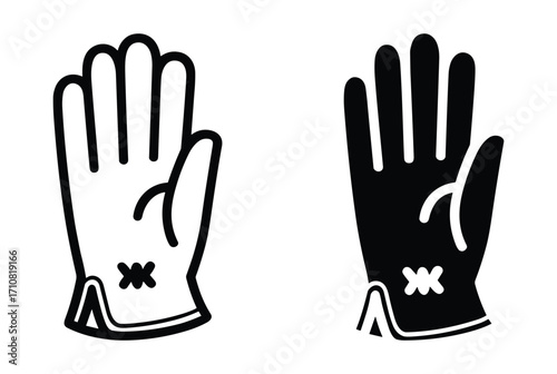 Baseball glove Black and white outline and solid silhouette of  stitching detail sports equipment