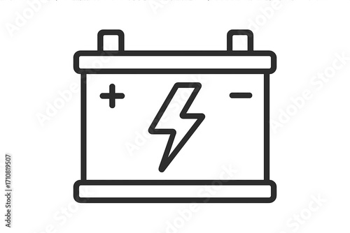 Car battery icon vector. Automotive accumulator line art symbol. Vehicle energy and power source concept. Electricity charge sign with plus and minus. Auto service pictogram.