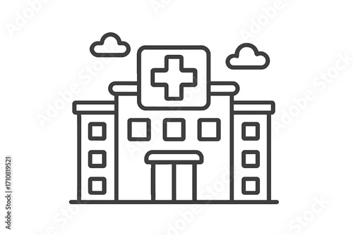 Hospital building icon in thin line style. Medical clinic exterior. Healthcare center concept. Medicine symbol. Emergency pictogram. Health care architecture vector illustration.