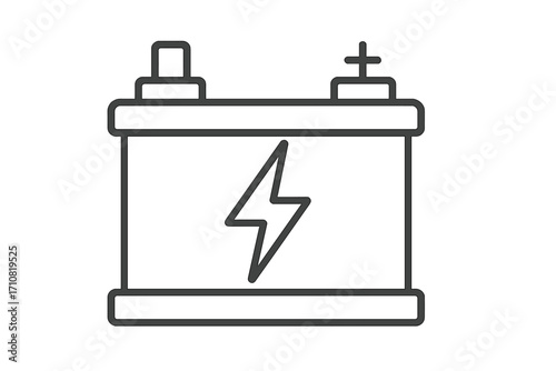 Car battery icon. Power energy symbol. Vector line art illustration. Automotive accumulator sign. Electric vehicle concept. Auto service pictogram. Plus minus terminal graphic.